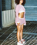 Knitted Striped Inclined Shoulder Top & Elastic Waist Skirt Set