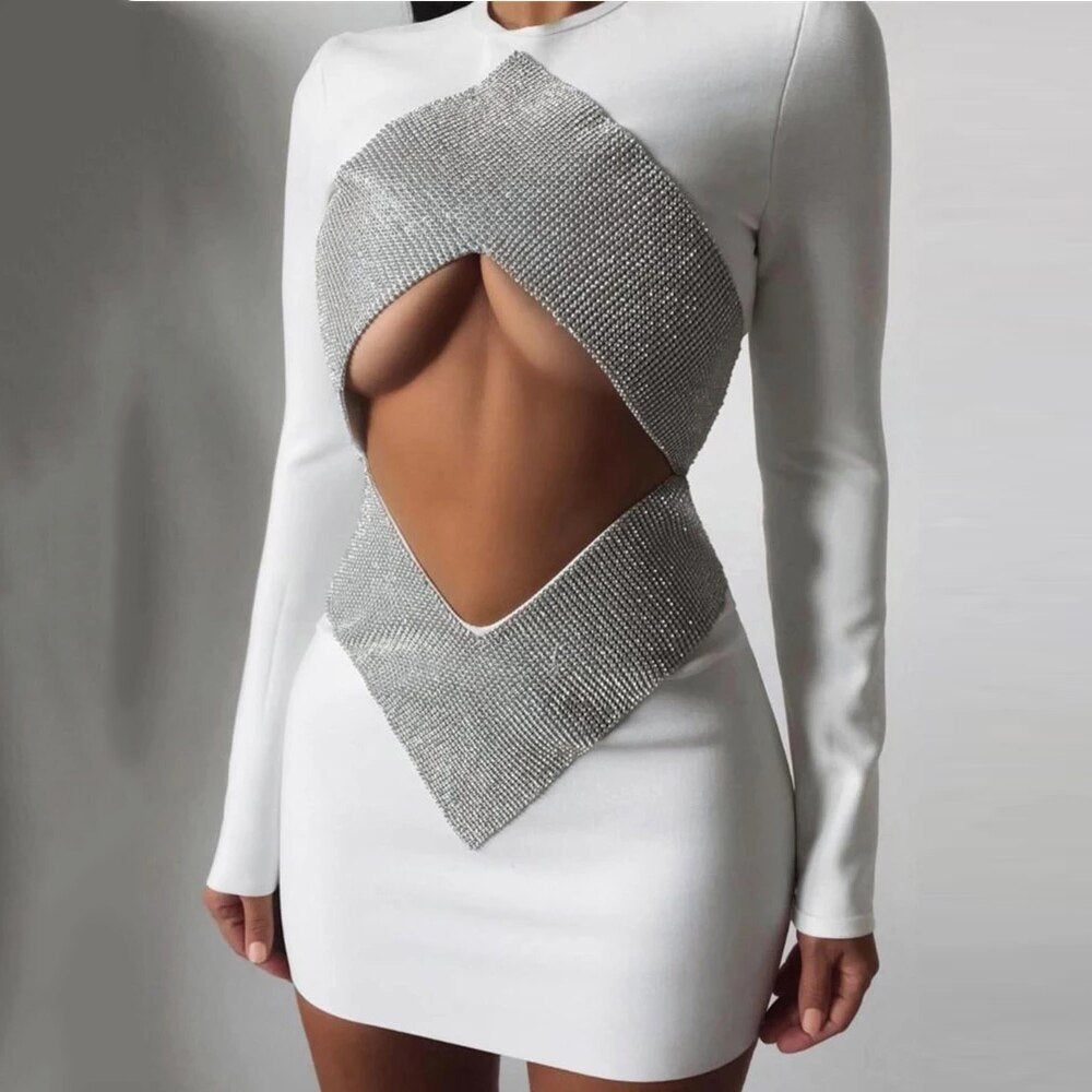 Long Sleeve Crystal Diamond White Mini Dress