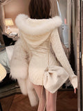 Hooded Knitted Sweater Faux Fur Female One Piece Mini Dress