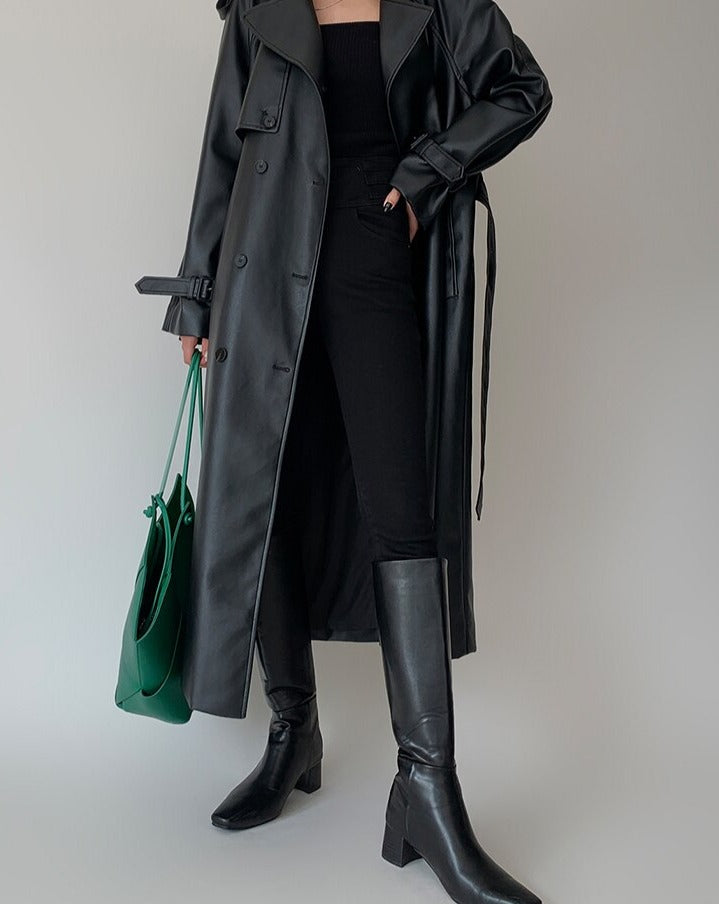 Long Grey Pu Leather Trench Coat