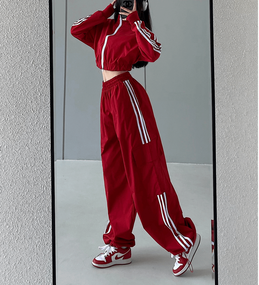 Striped Tracksuit Loose Red Joggers Sports Trouser Set