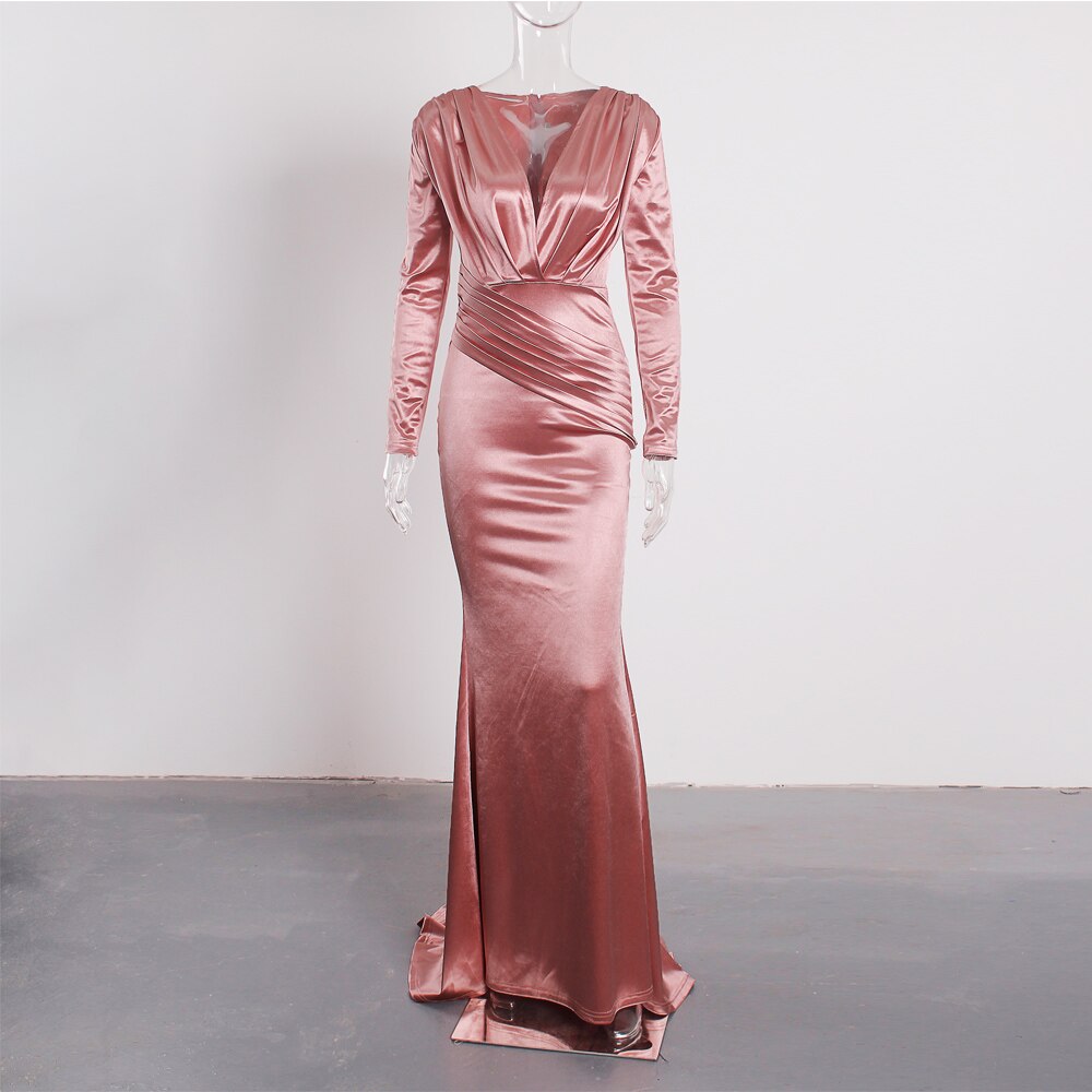 Pleated Stretch Satin Floor Length Dress