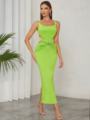 Hollow Out Green Square Collar Straps Backless Maxi Dress