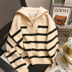 Zipper Knitted Long Sleeve Stripe Women's Turtleneck Sweater