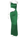 Hollow Out Stain Green Long Dress