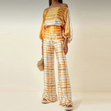 Satin Off Shoulder Top With Long Pant 2 Piece Set