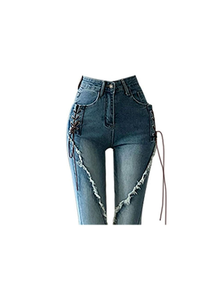 Flare Low Waisted Split Trouser Women Distressed Jeans