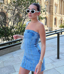 Denim Open Back Bodycon Tube Mini Dress