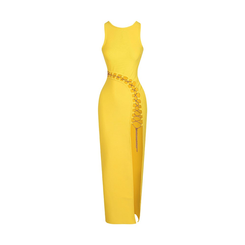 Yellow Chain Hollow High Split Bandage Dress