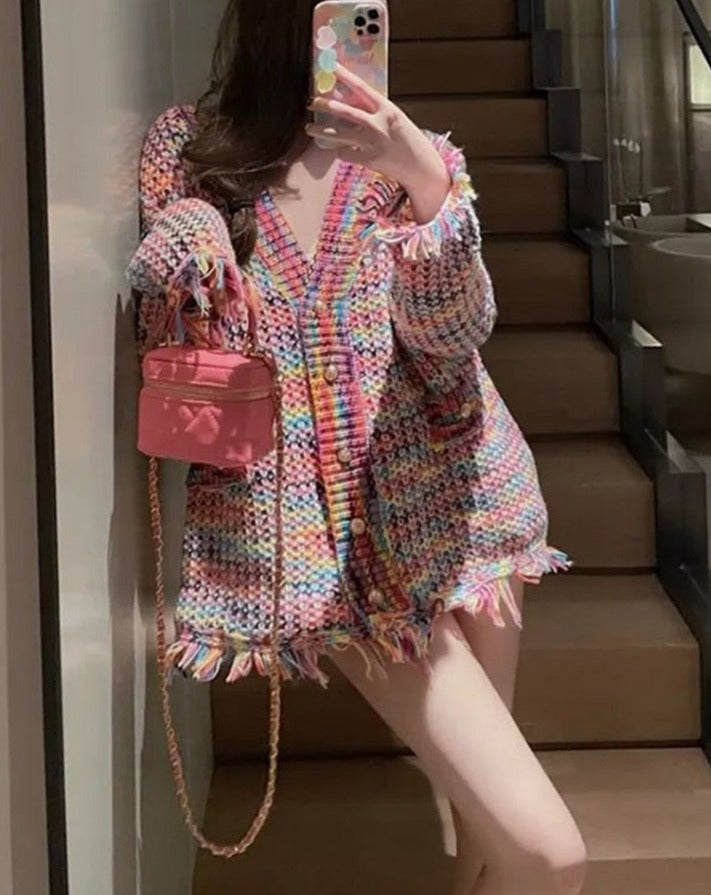 Rainbow Loose Knitted Tassels Cardigan