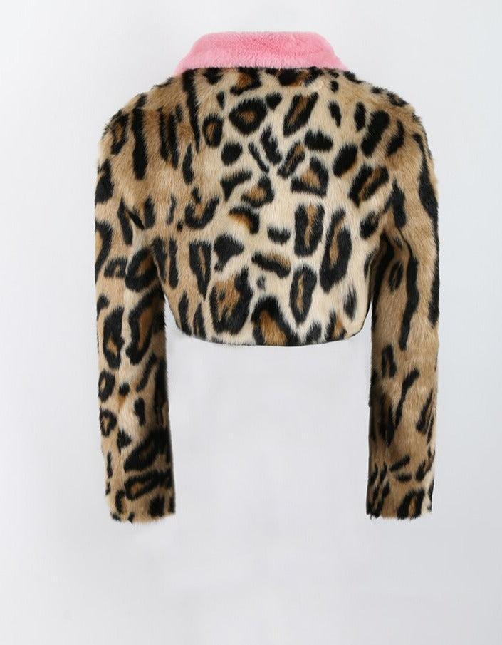 Leopard Cropped Faux Mink Fur Blazer
