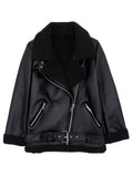 Faux Leather Thick Zipper Jacket With Belt