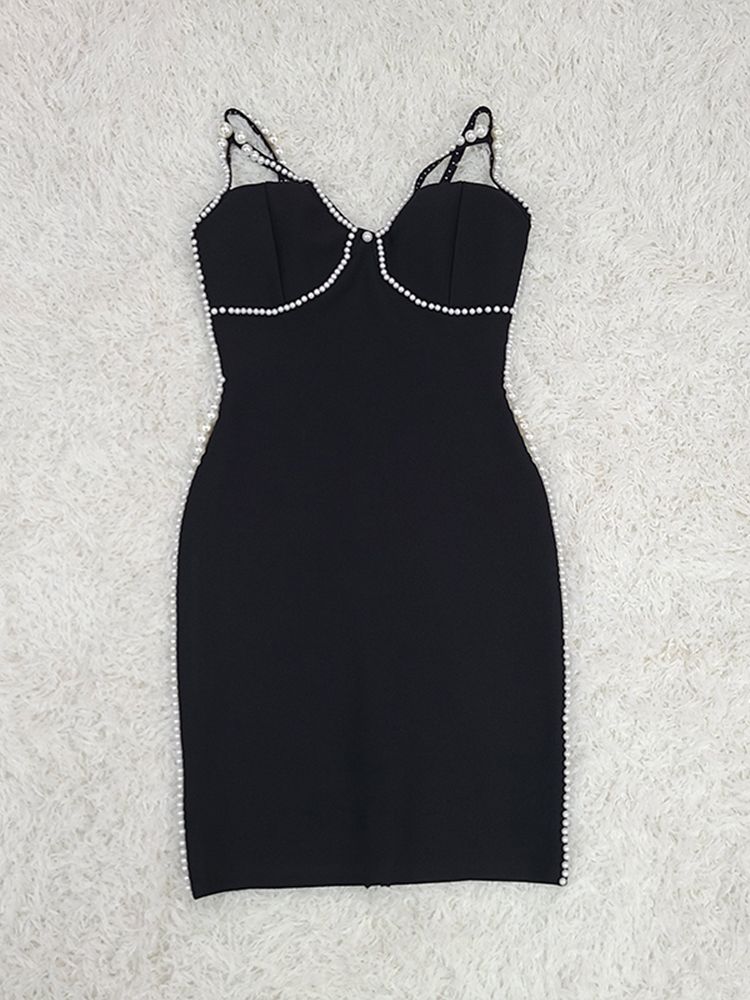 Sleeveless V Neck Pearl Black Mini Dress