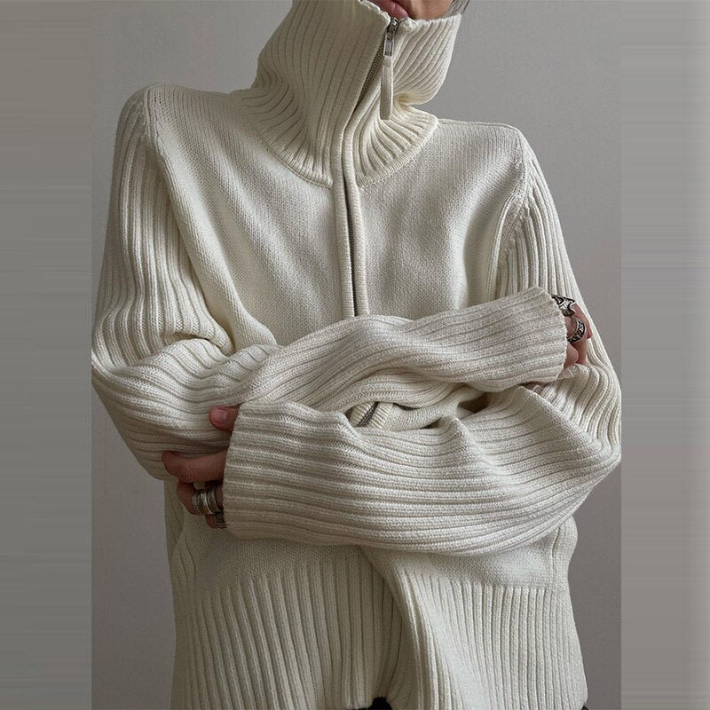 Zip Up Knitted Long Sleeve Sweater