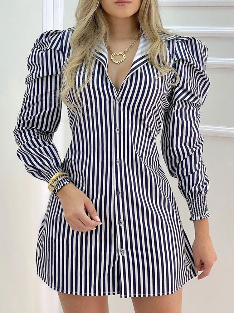 Striped Button Puffed Sleeve Shirt Dress