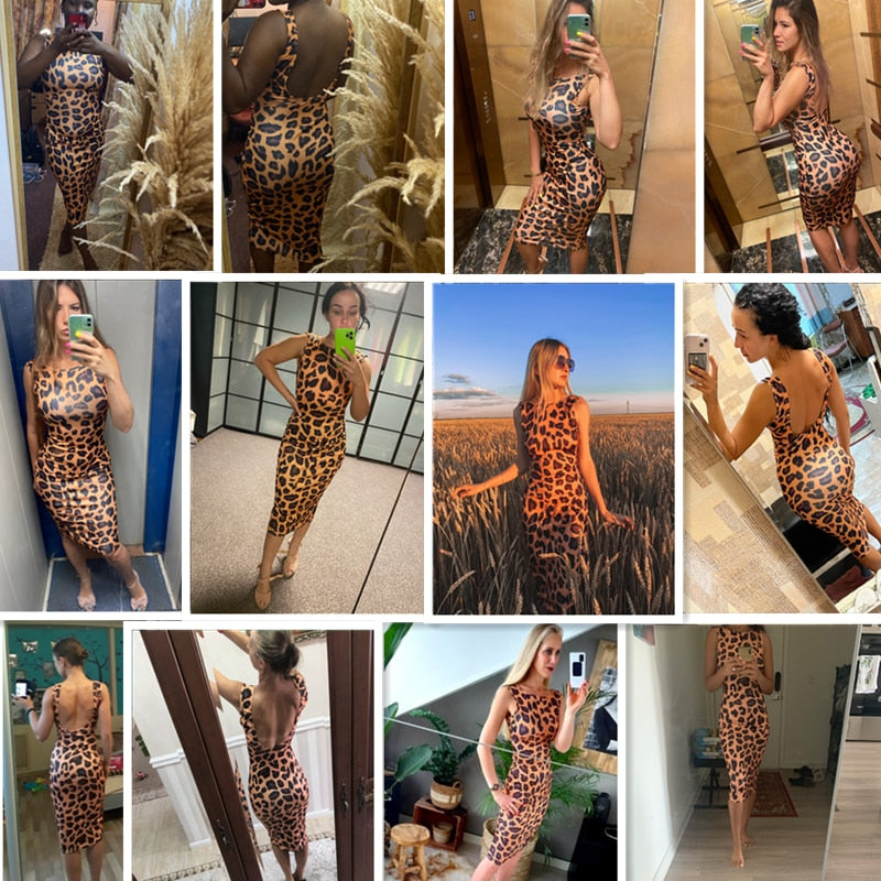 Leopard Print Backless Sleeveless Maxi Dress