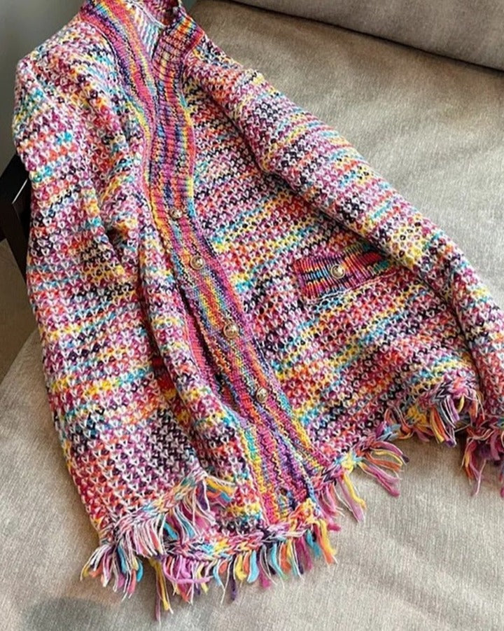Rainbow Loose Knitted Tassels Cardigan
