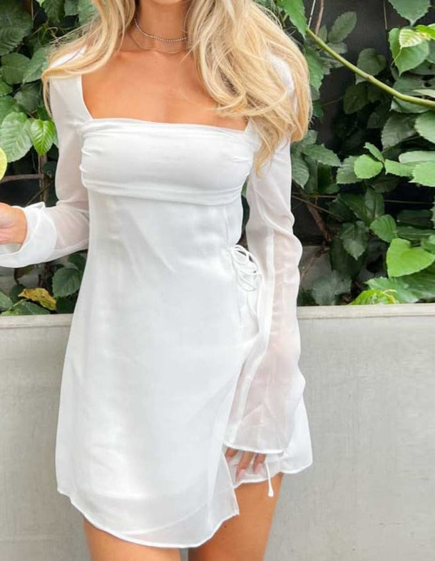 Square Collar Full Sleeve Mini White Dress