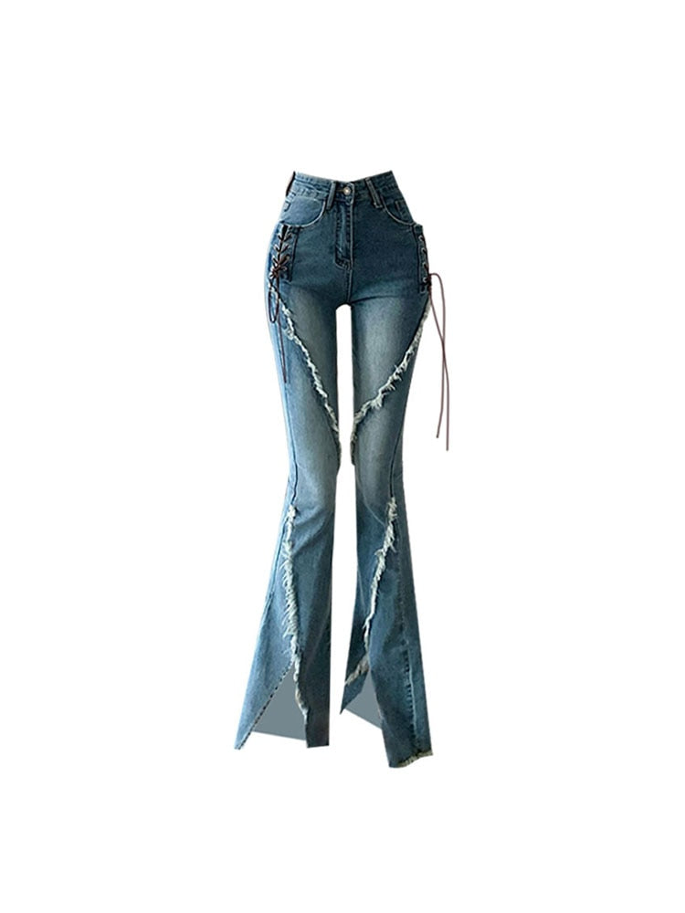 Flare Low Waisted Split Trouser Women Distressed Jeans