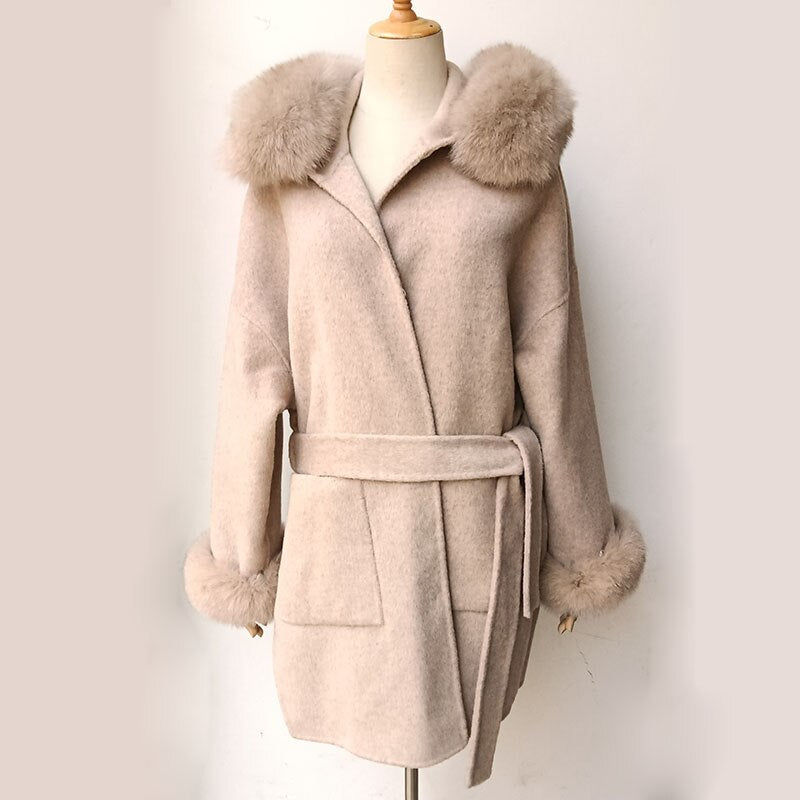 Hooded Fur Trim Wool Jacket
