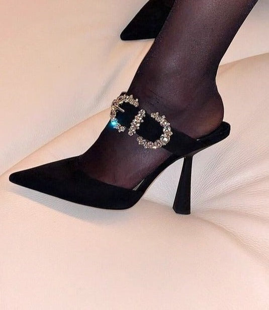 Suede Jewel Buckle Pointed Toe High Heel Crystal Pump Shoes