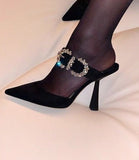 Suede Jewel Buckle Pointed Toe High Heel Crystal Pump Shoes