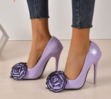 Trending Super High Stiletto Pumps: Purple Rose Applique Party Shoes