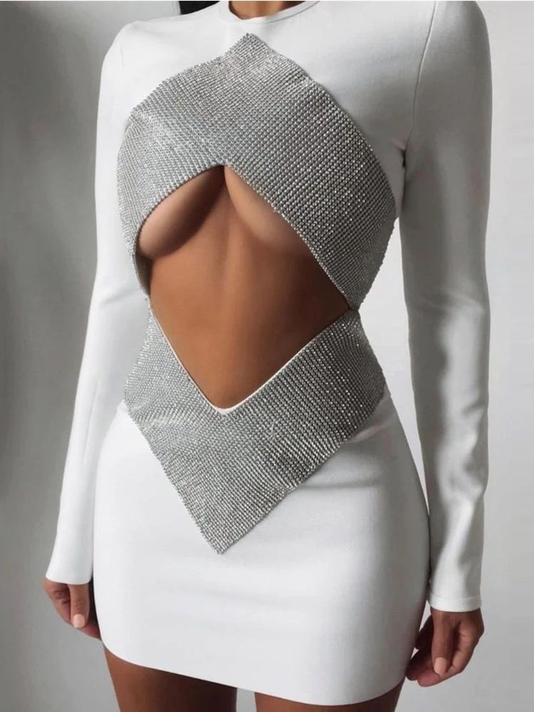Long Sleeve Crystal Diamond White Mini Dress
