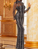Sequins High Neck Wave Elegant Long Sleeve Dress