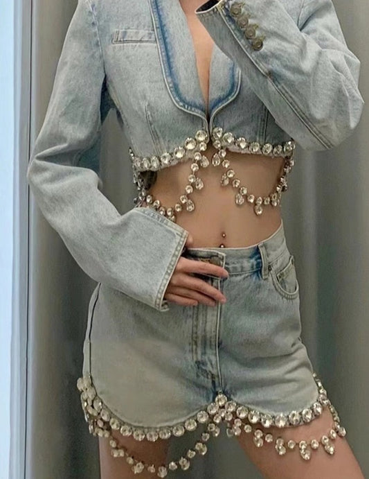 Spliced Diamonds V Neck Long Sleeve Top & Denim Mini Skirt Set 