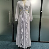 V-neck Pleated Ruffled Maxi Dress