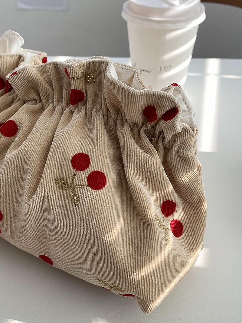Soft Corduroy Cherry Bowknot Storage Bag