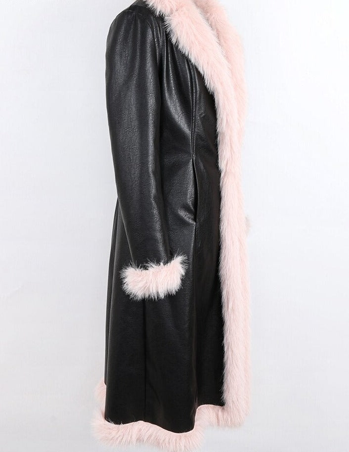 Long Black Thick Warm Pu Leather Coat