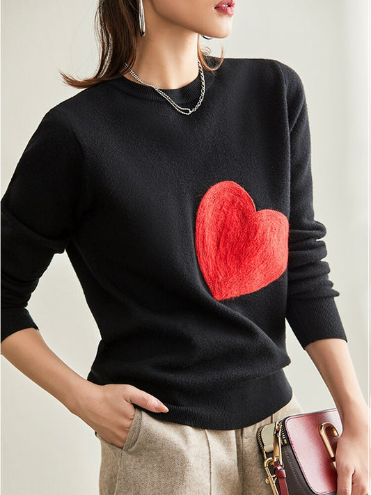 Knit Embroidery Red Heart O-Neck Pullover
