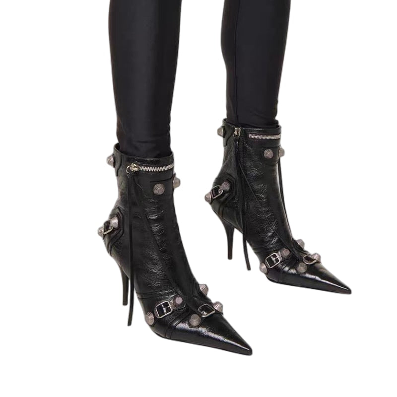 Metal Buckle Pointed Toe Ankle Boots