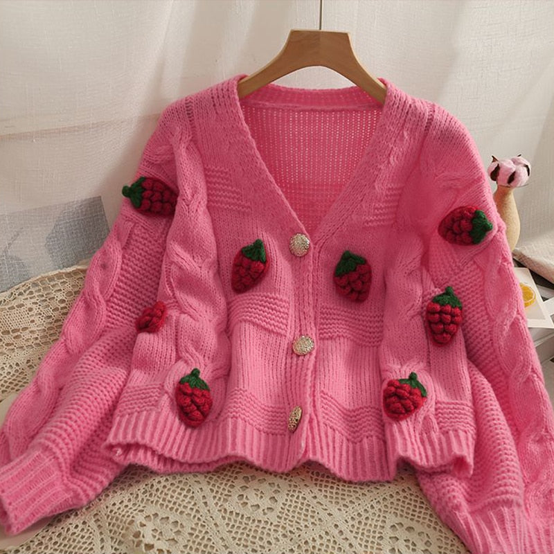 Strawberry Long Sleeve Knitted Cardigan