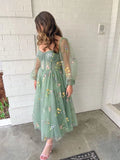 Green Puff Long Sleeve Floral Embroidery Evening Dress Cocktail Outfit