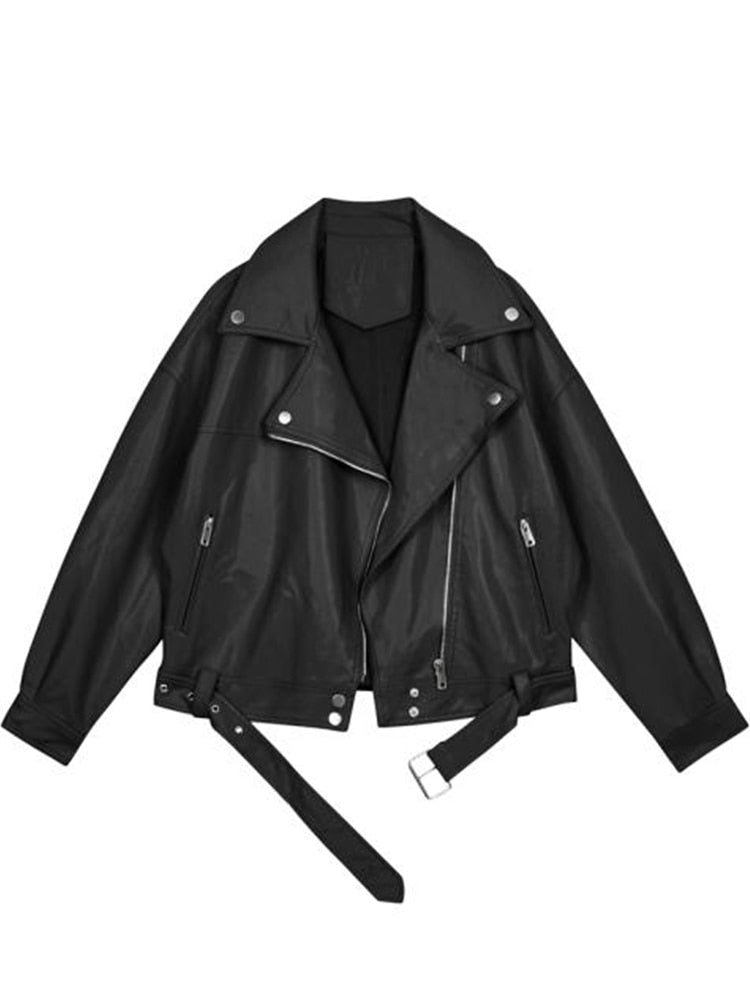 Pu Leather Belted Loose Jacket