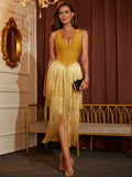 V Neck Glitter Tassel Yellow Midi Dress