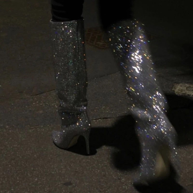 Rhinestone High-Pointed Boots