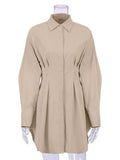 Empire Waist Long Sleeve Pleated Solid Lapel Mini Dress for Office Lady Style