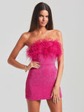 Women Strapless Feathers Sequins Pink Bodycon Mini Dress