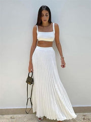 Ribbed Tank Top And Pleated Knitted Long Skirt Set