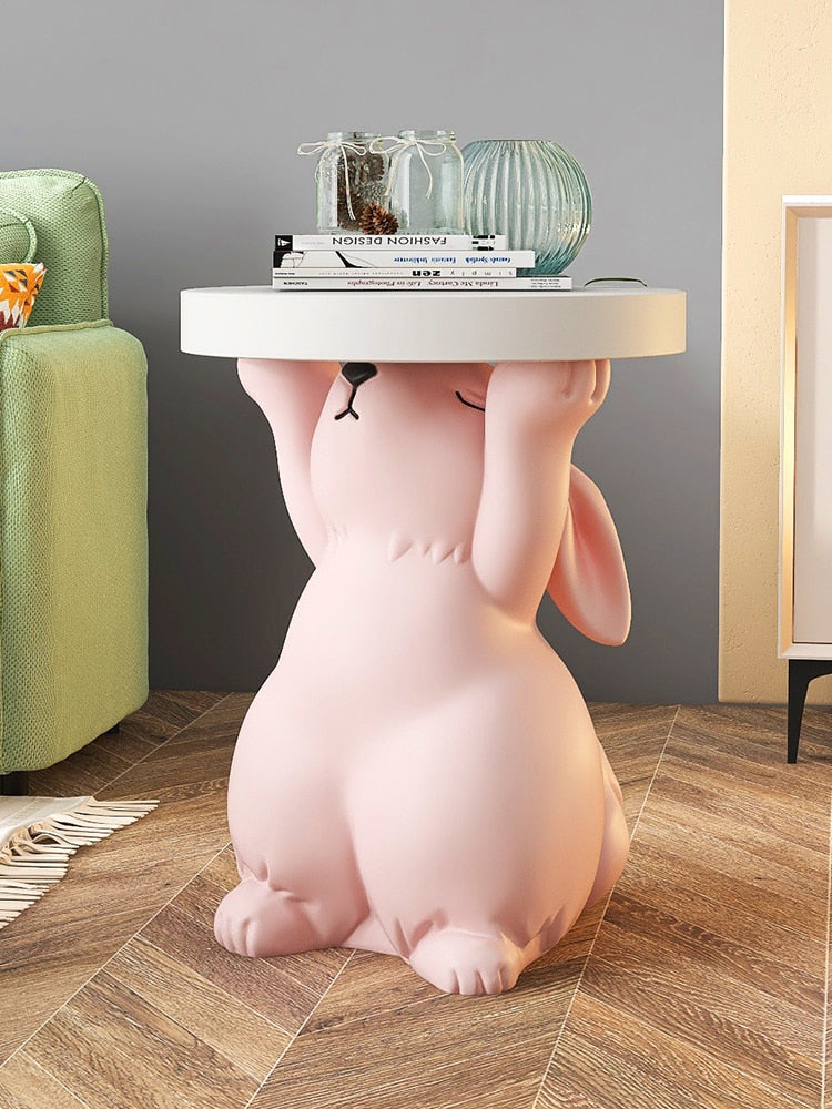 Rabbit Statue Round Side Tables Living Room Sofa Corner Table