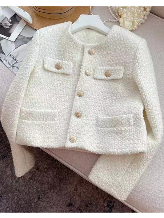 Tweed Short Jacket Solid Woolen Outerwear
