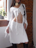 White Ruffled Lace-Up Mesh Long Sleeve Crop top Mini Skirt Set