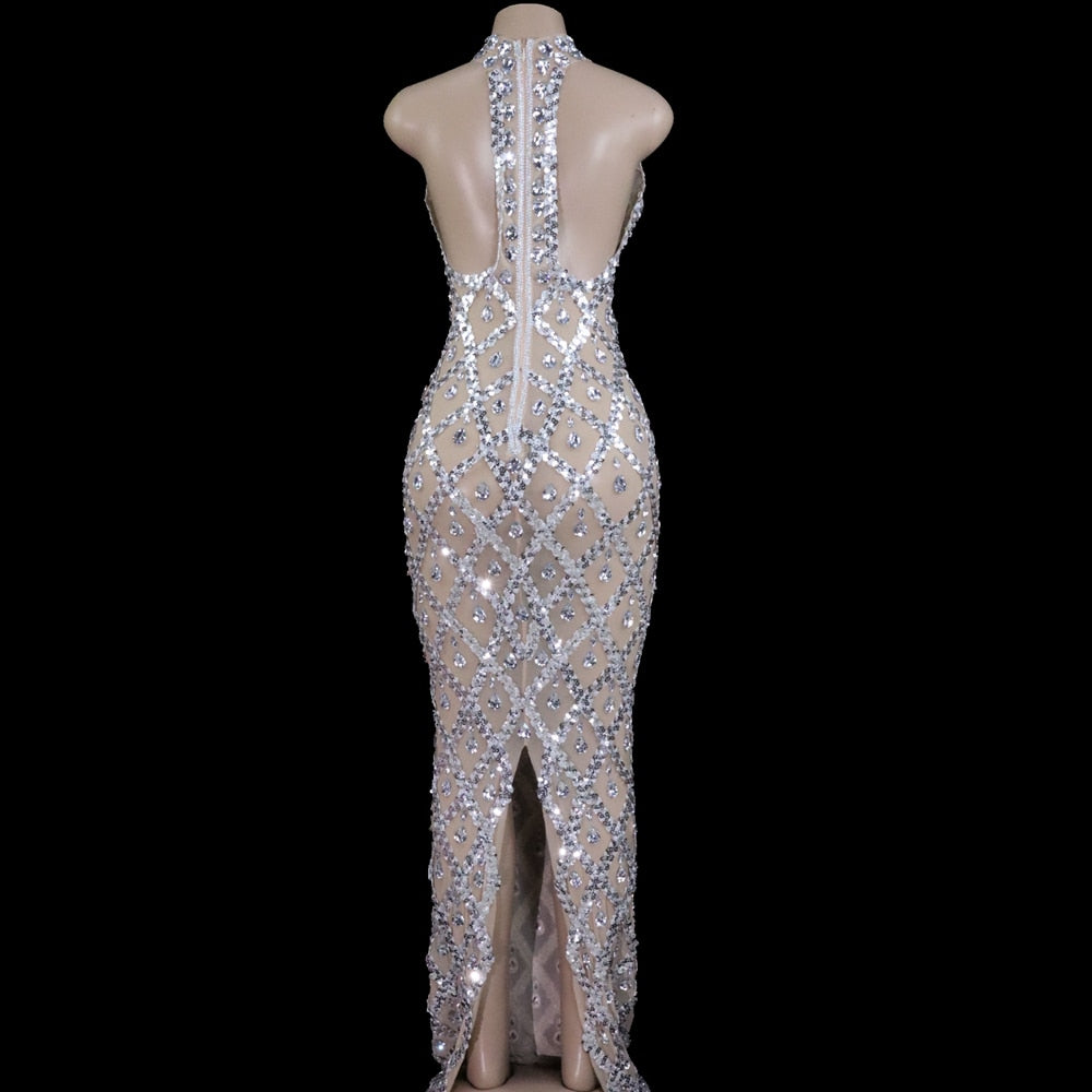 Silver Sequins Crystal Mesh Maxi Dress
