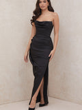 Solid Color Slit Pleated Long Dress