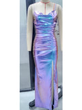 Cowl Neck Ruched Split Metallic Maxi Dress