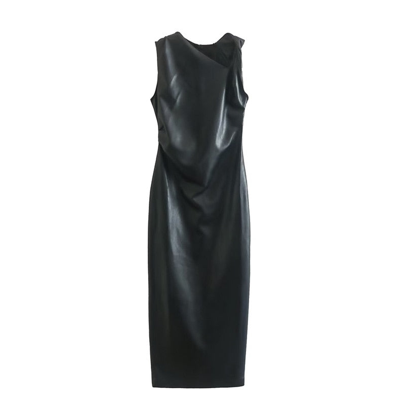 Faux Leather Diagonal Shoulder Long Dress